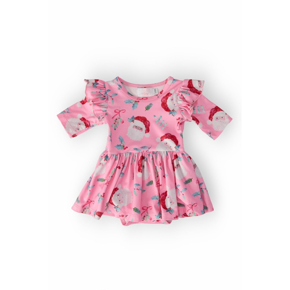 Mila & Rose Pink Santa Flutter Sleeve Bodysuit Dress Christmas Holiday 6-12M NWT